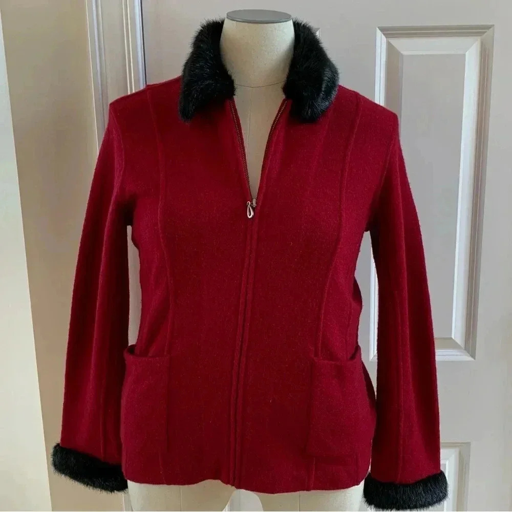CAROLE LITTLE Boiled Wool Cardigan Medium Full Zip Faux Fur Sweater Jacket *Flaw
